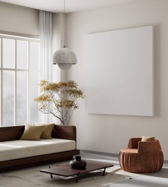 Oturma odasının içi modern mobilyalarla dolu. Poster çerçevesi modern iç tasarımı taklit ediyor. 3B illüstrasyon