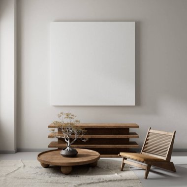 Oturma odasının içi modern mobilyalarla dolu. Poster çerçevesi modern iç tasarımı taklit ediyor. 3B illüstrasyon