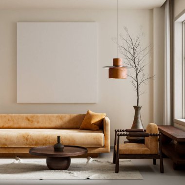 Oturma odasının içi modern mobilyalarla dolu. Poster çerçevesi modern iç tasarımı taklit ediyor. 3B illüstrasyon