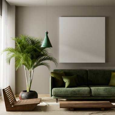 Oturma odasının içi modern mobilyalarla dolu. Poster çerçevesi modern iç tasarımı taklit ediyor. 3B illüstrasyon