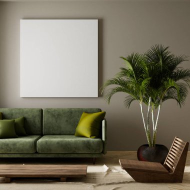 Oturma odasının içi modern mobilyalarla dolu. Poster çerçevesi modern iç tasarımı taklit ediyor. 3B illüstrasyon
