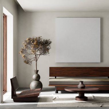 Oturma odasının içi modern mobilyalarla dolu. Poster çerçevesi modern iç tasarımı taklit ediyor. 3B illüstrasyon