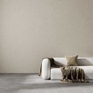 Oturma odasının içi modern mobilyalarla dolu. Boş duvar modern iç dizaynla modellenir. 3B illüstrasyon