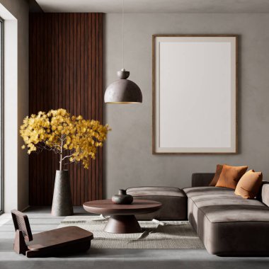 Oturma odasının içi modern mobilyalarla dolu. Poster çerçevesi modern iç tasarımı taklit ediyor. 3B illüstrasyon