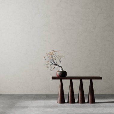 Oturma odasının içi modern mobilyalarla dolu. Boş duvar modern iç dizaynla modellenir. 3B illüstrasyon