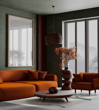 Oturma odasının içi modern mobilyalarla dolu. Poster çerçevesi modern iç tasarımı taklit ediyor. 3B illüstrasyon