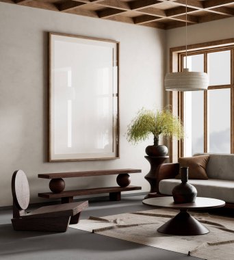 Oturma odasının içi modern mobilyalarla dolu. Poster çerçevesi modern iç tasarımı taklit ediyor. 3B illüstrasyon