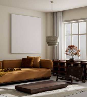 Oturma odasının içi modern mobilyalarla dolu. Poster çerçevesi modern iç tasarımı taklit ediyor. 3B illüstrasyon