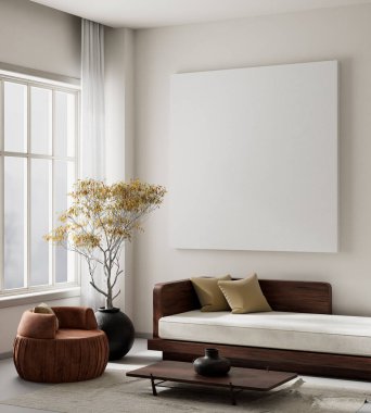 Oturma odasının içi modern mobilyalarla dolu. Poster çerçevesi modern iç tasarımı taklit ediyor. 3B illüstrasyon