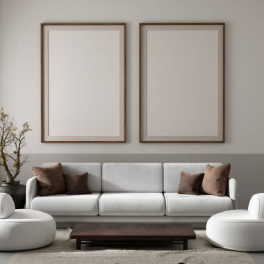 Oturma odasının içi modern mobilyalarla dolu. Poster çerçevesi modern iç tasarımı taklit ediyor. 3B illüstrasyon