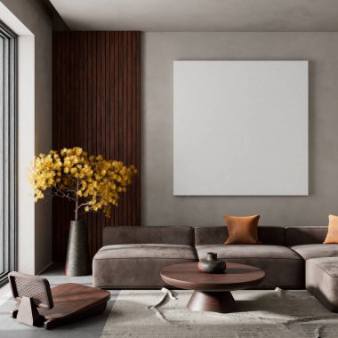 Oturma odasının içi modern mobilyalarla dolu. Poster çerçevesi modern iç tasarımı taklit ediyor. 3B illüstrasyon