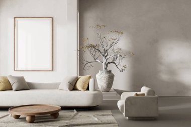 Oturma odasının içi modern mobilyalarla dolu. Poster çerçevesi modern iç tasarımı taklit ediyor. 3B illüstrasyon