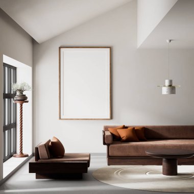 Oturma odasının içi modern mobilyalarla dolu. Poster çerçevesi modern iç tasarımı taklit ediyor. 3B illüstrasyon