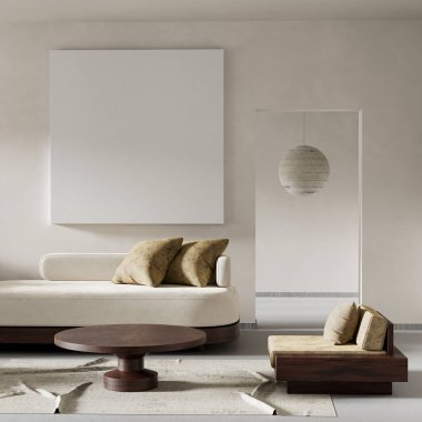 Oturma odasının içi modern mobilyalarla dolu. Poster çerçevesi modern iç tasarımı taklit ediyor. 3B illüstrasyon
