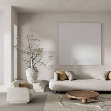 Oturma odasının içi modern mobilyalarla dolu. Poster çerçevesi modern iç tasarımı taklit ediyor. 3B illüstrasyon