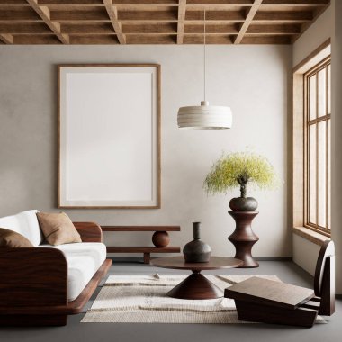 Oturma odasının içi modern mobilyalarla dolu. Poster çerçevesi modern iç tasarımı taklit ediyor. 3B illüstrasyon