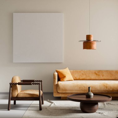 Oturma odasının içi modern mobilyalarla dolu. Poster çerçevesi modern iç tasarımı taklit ediyor. 3B illüstrasyon