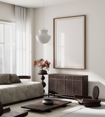 Oturma odasının içi modern mobilyalarla dolu. Poster çerçevesi modern iç tasarımı taklit ediyor. 3B illüstrasyon