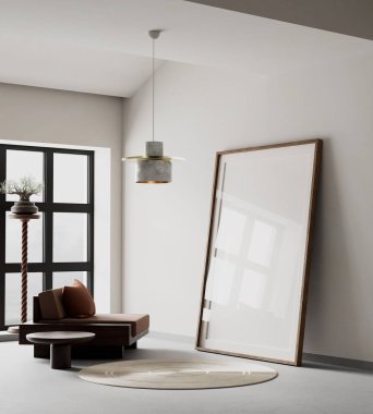 Oturma odasının içi modern mobilyalarla dolu. Poster çerçevesi modern iç tasarımı taklit ediyor. 3B illüstrasyon