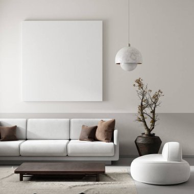 Oturma odasının içi modern mobilyalarla dolu. Poster çerçevesi modern iç tasarımı taklit ediyor. 3B illüstrasyon