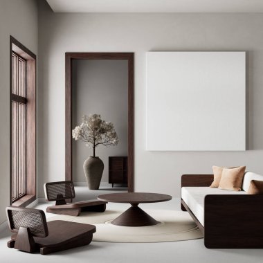 Oturma odasının içi modern mobilyalarla dolu. Poster çerçevesi modern iç tasarımı taklit ediyor. 3B illüstrasyon