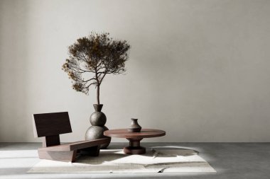 Oturma odasının içi modern mobilyalarla dolu. Boş duvar modern iç dizaynla modellenir. 3B illüstrasyon