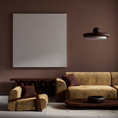 Oturma odasının içi modern mobilyalarla dolu. Poster çerçevesi modern iç tasarımı taklit ediyor. 3B illüstrasyon