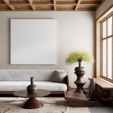 Oturma odasının içi modern mobilyalarla dolu. Poster çerçevesi modern iç tasarımı taklit ediyor. 3B illüstrasyon