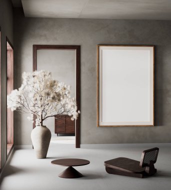 Oturma odasının içi modern mobilyalarla dolu. Poster çerçevesi modern iç tasarımı taklit ediyor. 3B illüstrasyon