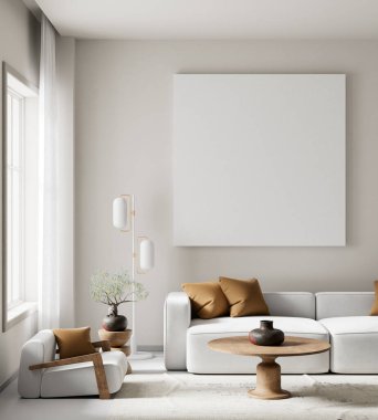 Oturma odasının içi modern mobilyalarla dolu. Poster çerçevesi modern iç tasarımı taklit ediyor. 3B illüstrasyon