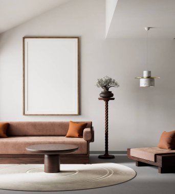 Oturma odasının içi modern mobilyalarla dolu. Poster çerçevesi modern iç tasarımı taklit ediyor. 3B illüstrasyon