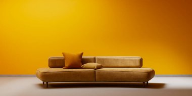 Oturma odasının içi modern mobilyalarla dolu. Boş duvar modern iç dizaynla modellenir. 3B illüstrasyon