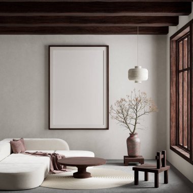 Oturma odasının içi modern mobilyalarla dolu. Poster çerçevesi modern iç tasarımı taklit ediyor. 3B illüstrasyon