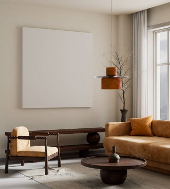 Oturma odasının içi modern mobilyalarla dolu. Poster çerçevesi modern iç tasarımı taklit ediyor. 3B illüstrasyon