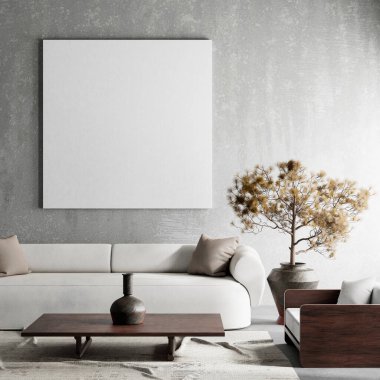 Oturma odasının içi modern mobilyalarla dolu. Poster çerçevesi modern iç tasarımı taklit ediyor. 3B illüstrasyon