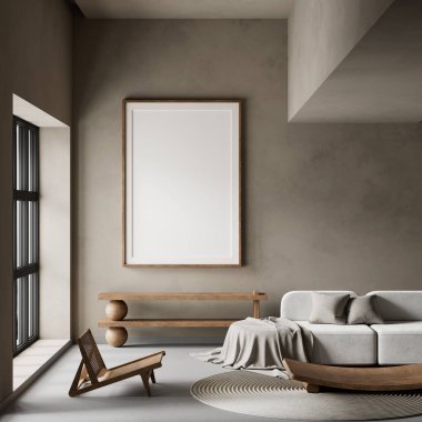 Oturma odasının içi modern mobilyalarla dolu. Poster çerçevesi modern iç tasarımı taklit ediyor. 3B illüstrasyon