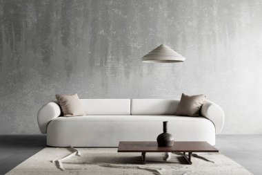 Oturma odasının içi modern mobilyalarla dolu. Boş duvar modern iç dizaynla modellenir. 3B illüstrasyon