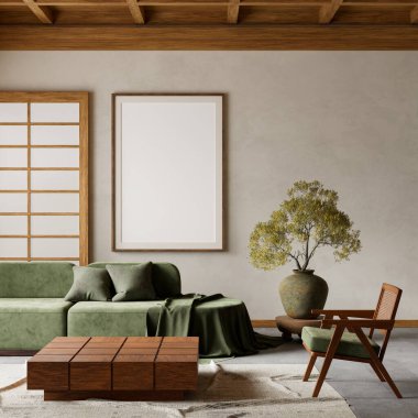 Oturma odasının içi modern mobilyalarla dolu. Poster çerçevesi modern iç tasarımı taklit ediyor. 3B illüstrasyon