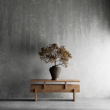 Oturma odasının içi modern mobilyalarla dolu. Boş duvar modern iç dizaynla modellenir. 3B illüstrasyon