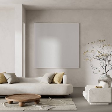 Oturma odasının içi modern mobilyalarla dolu. Poster çerçevesi modern iç tasarımı taklit ediyor. 3B illüstrasyon