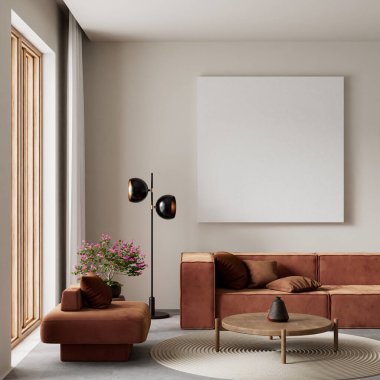 Oturma odasının içi modern mobilyalarla dolu. Poster çerçevesi modern iç tasarımı taklit ediyor. 3B illüstrasyon