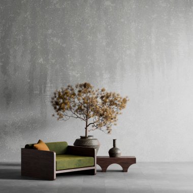 Oturma odasının içi modern mobilyalarla dolu. Boş duvar modern iç dizaynla modellenir. 3B illüstrasyon