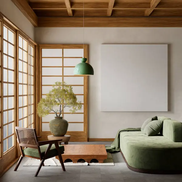 Oturma odasının içi modern mobilyalarla dolu. Poster çerçevesi modern iç tasarımı taklit ediyor. 3B illüstrasyon