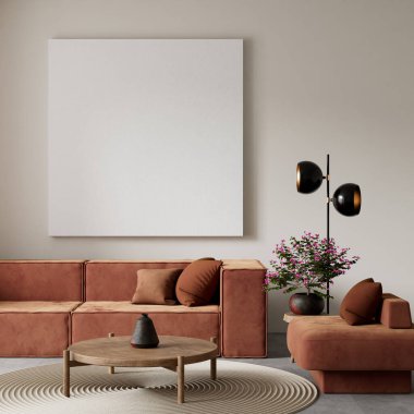 Oturma odasının içi modern mobilyalarla dolu. Poster çerçevesi modern iç tasarımı taklit ediyor. 3B illüstrasyon