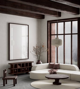 Oturma odasının içi modern mobilyalarla dolu. Poster çerçevesi modern iç tasarımı taklit ediyor. 3B illüstrasyon