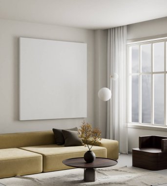 Oturma odasının içi modern mobilyalarla dolu. Poster çerçevesi modern iç tasarımı taklit ediyor. 3B illüstrasyon