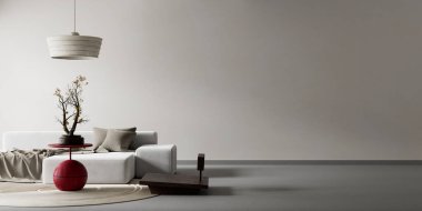 Oturma odasının içi modern mobilyalarla dolu. Boş duvar modern iç dizaynla modellenir. 3B illüstrasyon