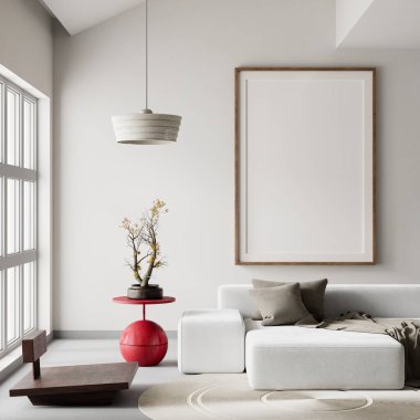 Oturma odasının içi modern mobilyalarla dolu. Poster çerçevesi modern iç tasarımı taklit ediyor. 3B illüstrasyon