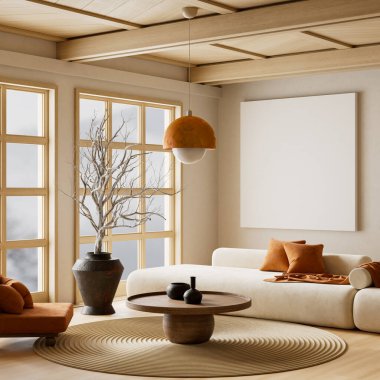 Oturma odasının içi modern mobilyalarla dolu. Poster çerçevesi modern iç tasarımı taklit ediyor. 3B illüstrasyon