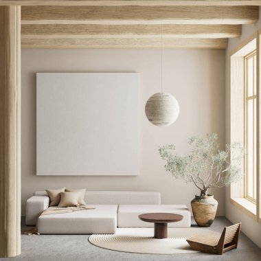 Oturma odasının içi modern mobilyalarla dolu. Poster çerçevesi modern iç tasarımı taklit ediyor. 3B illüstrasyon